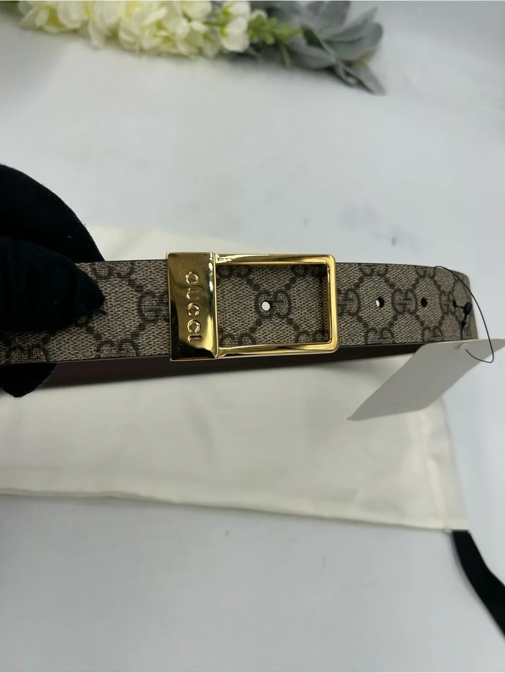 Unisex Gucci Monogram Canvas Belt with Gold engraved Buckle - Beige/Brown 80/32